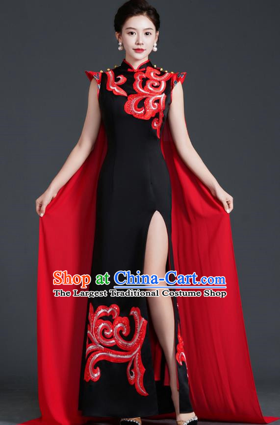 Retro Top Cheongsam Banquet Evening Dress Fishtail Slit Slim Catwalk Costume Cape