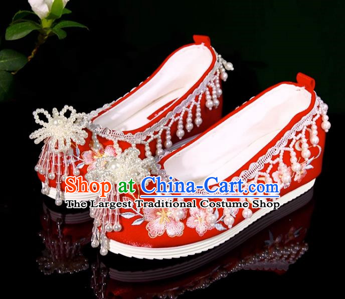 Xiuhe Wedding Shoes Handmade Beaded Pearl Tassel Red Ming Wedding Chinese Style Embroidery