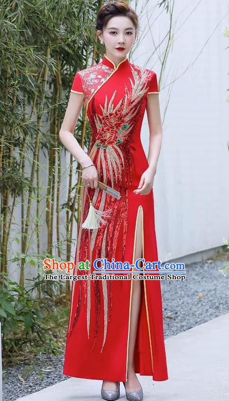Chinese Design Mermaid Slim Evening Dress Red Catwalk Costume Long Chinese Trendy Cheongsam