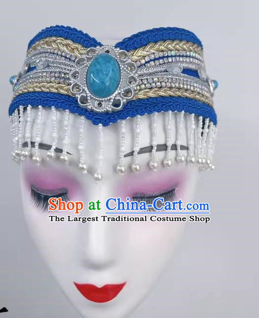 Ethnic Minority Dance Mongolian Headdress Blue Bead Curtain Art Test Dance Performance Stage Hair Accessories
