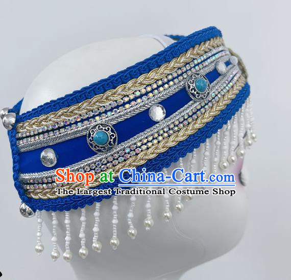 Ethnic Minority Dance Mongolian Headdress Blue Bead Curtain Art Test Dance Performance Stage Hair Accessories