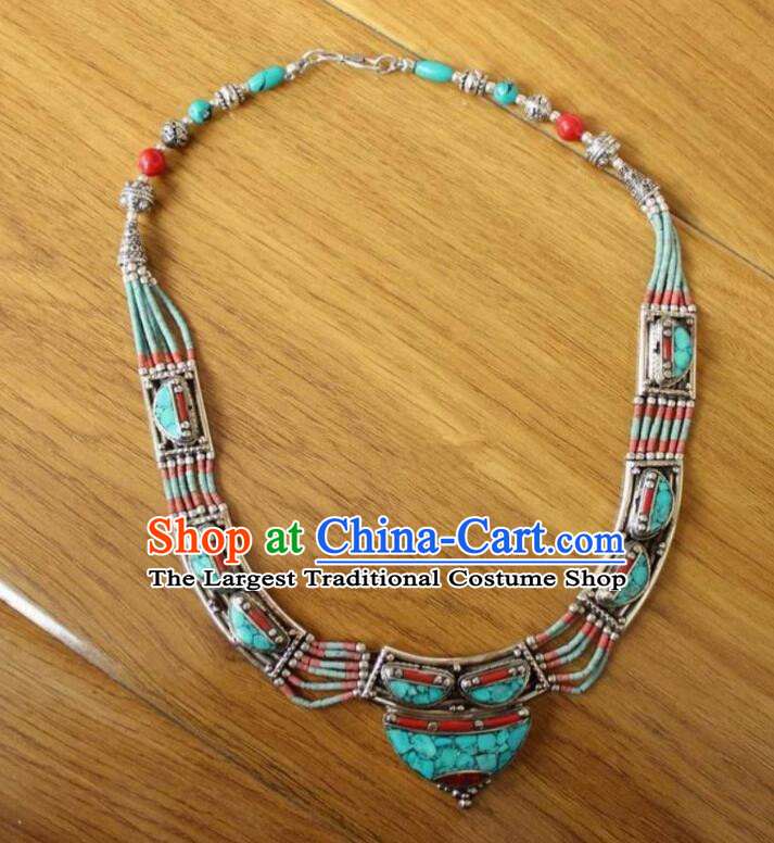Chinese Zang Nationality Woman Cupronickel Necklace Handmade Tibetan Ethnic Jewelry Traditional Nepal Kallaite Accessories
