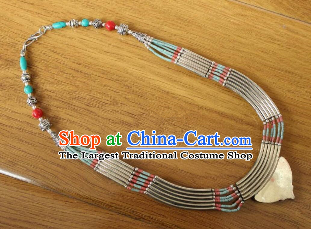 Chinese Zang Nationality Woman Cupronickel Necklace Handmade Tibetan Ethnic Jewelry Traditional Nepal Kallaite Accessories