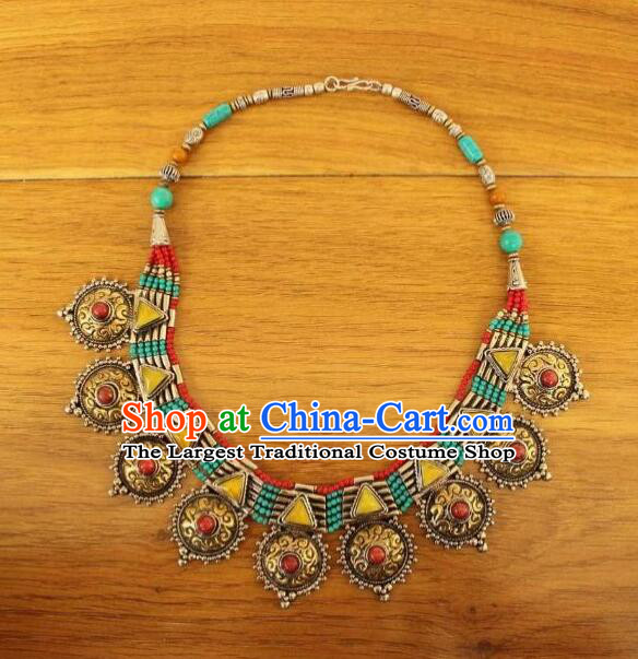 Traditional Nepal Kallaite Accessories Chinese Zang Nationality Woman Brass Necklace Handmade Tibetan Ethnic Necklet Jewelry