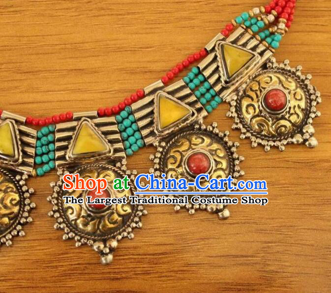 Traditional Nepal Kallaite Accessories Chinese Zang Nationality Woman Brass Necklace Handmade Tibetan Ethnic Necklet Jewelry