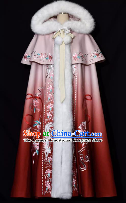 China Ancient Royal Princess Red Embroidered Cape Ming Dynasty Noble Lady Costumes Traditional Woman Hanfu Cloak