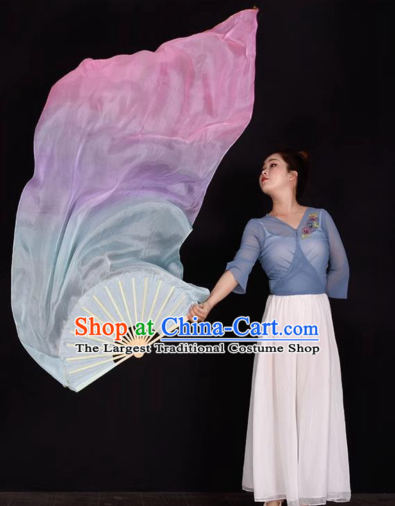 China Classical Dance Pure Silk Fan Handmade Gradient Blue Lilac Pink Dancing Fan Dance Contest Long Ribbon Fan