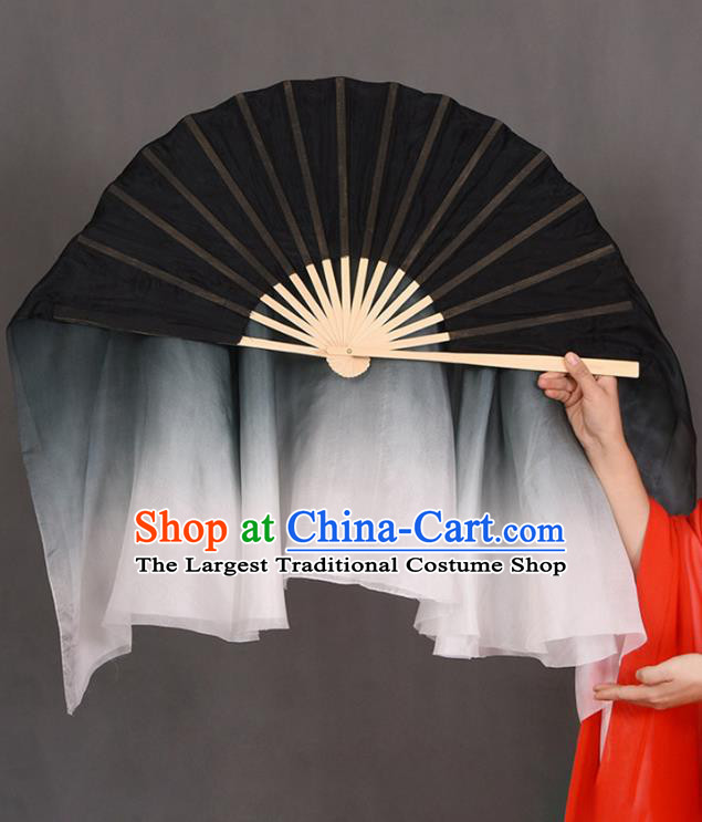 China Dance Competition Long Ribbon Fan Classical Dance Folding Fan Handmade Gradient Black to White Pure Silk Fan