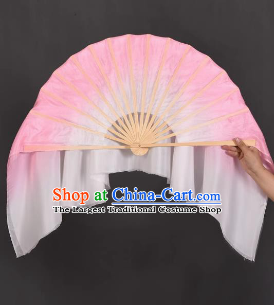 Handmade Gradient Pink to White Pure Silk Fan China Dance Competition Long Ribbon Fan Classical Dance Folding Fan