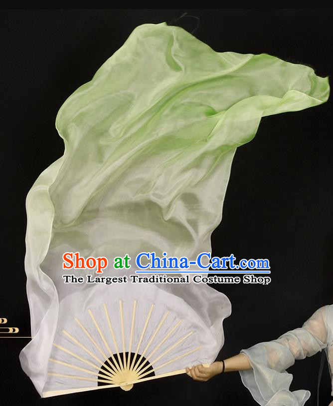 China Classical Dance Folding Fan Handmade Light Green Pure Silk Fan Dance Competition Long Ribbon Fan