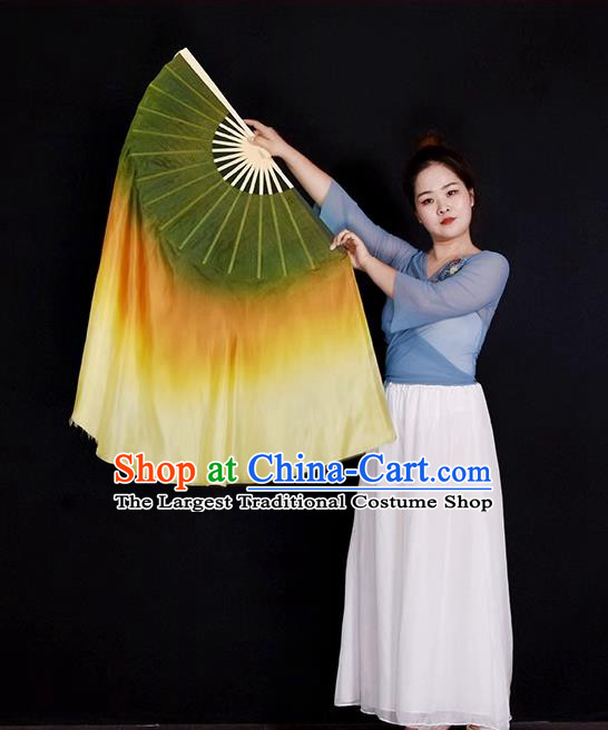 Handmade Gradient Olive Green to Yellow Pure Silk Fan China Yangko Dance Competition Ribbon Fan Classical Dance Folding Fan