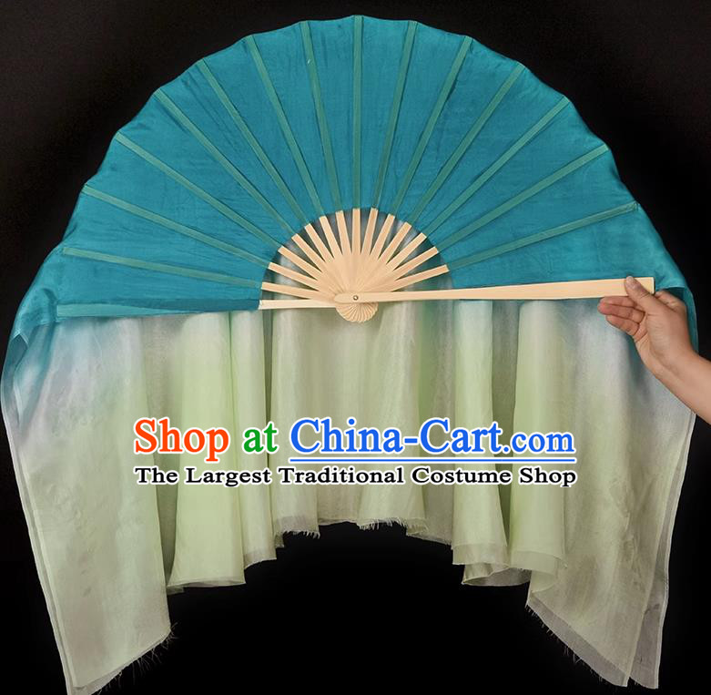 China Classical Dance Folding Fan Handmade Mint Green Pure Silk Fan Yangko Dance Competition Ribbon Fan
