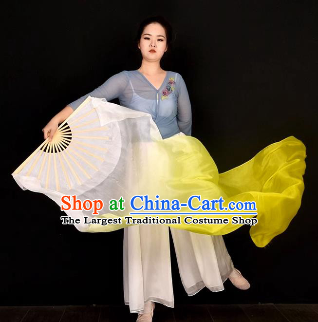 China Women Group Dancing Long Ribbon Fan Handmade Gradient White to Yellow Pure Silk Fan Jiaozhou Yangko Dance Folding Fan
