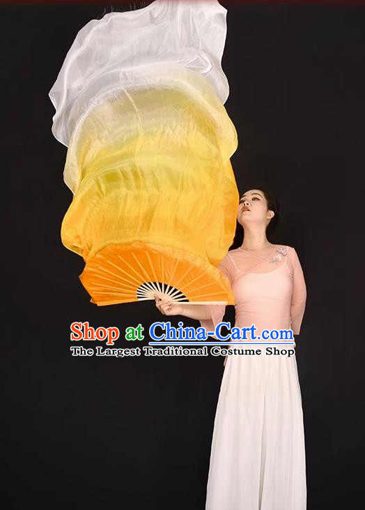 China Umbrella Dance Folding Fan Women Group Dancing Long Ribbon Fan Handmade Gradient Orange to White Pure Silk Fan