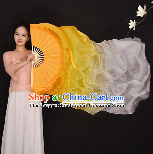 China Umbrella Dance Folding Fan Women Group Dancing Long Ribbon Fan Handmade Gradient Orange to White Pure Silk Fan