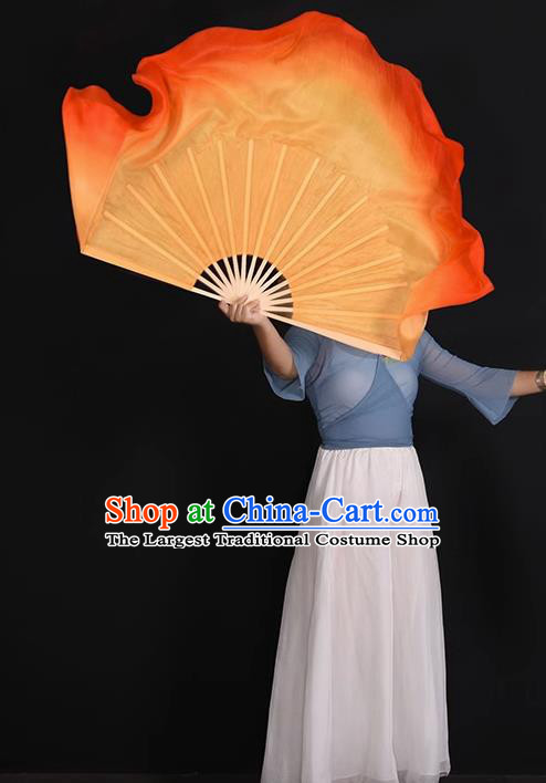 Classical Dance Ribbon Fan Women Group Dance Fan China Handmade Pure Silk Fan Yangko Dance Orange Fan