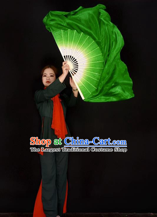 China Handmade Pure Silk Fan Yangko Dance Fan Classical Dance Green Ribbon Fan Women Group Dance Fan