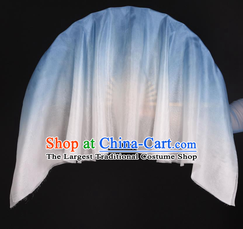 China Classical Dance Gradient Blue to White Ribbon Fan Women Group Dance Fan Handmade Pure Silk Fan Yangko Dance Fan