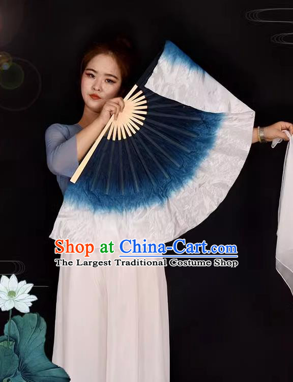 China Yangko Dance Fan Folk Dance Dance Dark Blue to White Fan Women Group Dance Ribbon Fan Handmade Fan