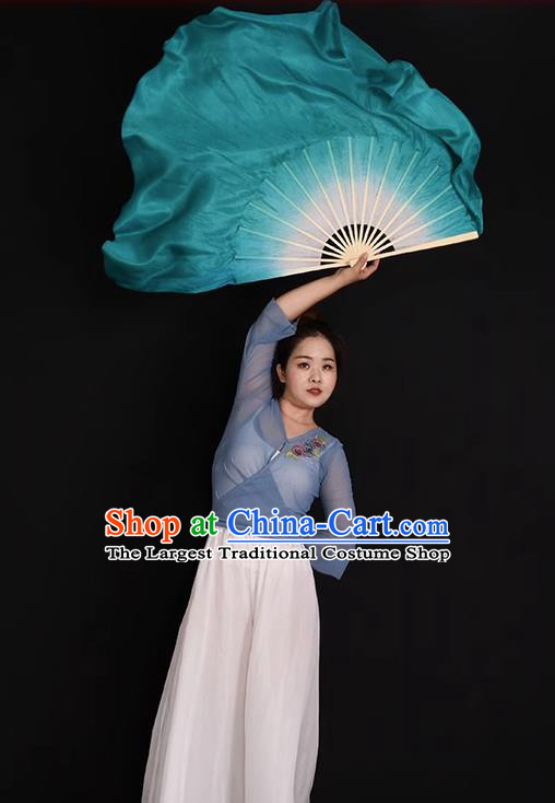 China Handmade Mint Green Ribbon Fan Classical Dance Fan Jiaozhou Yangko Dance Silk Fan