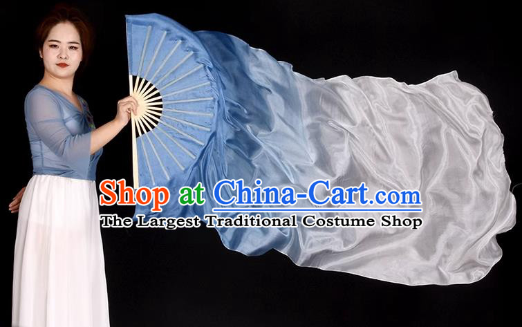 China Classical Dance Long Ribbon Fan Children Dance Silk Fan Handmade Gradient Blue to White Fan