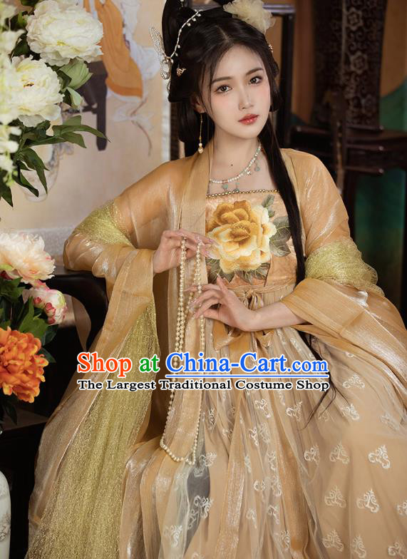 China Ancient Magnificent Concubine Yang Costumes Traditional Golden Hanfu Tang Dynasty Empress Embroidered Clothing