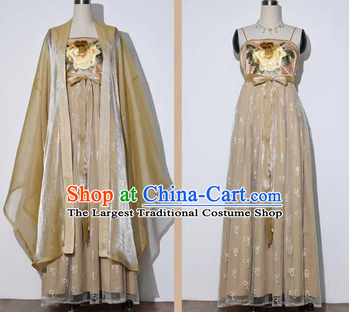 China Ancient Magnificent Concubine Yang Costumes Traditional Golden Hanfu Tang Dynasty Empress Embroidered Clothing