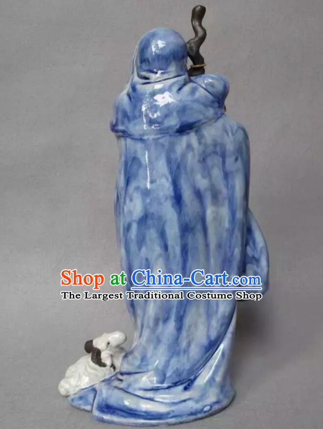 Chinese Handmade Historic Figure Statue Shi Wan Ceramics Blue Su Wu Feeding Sheep