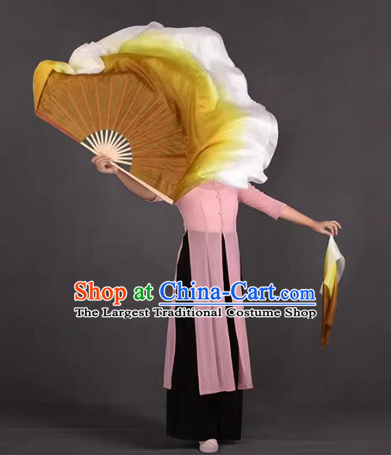 China Classical Dance Ribbon Fan Jiaozhou Yangko Dance Fan Handmade Gradient Filemot to White Silk Fan