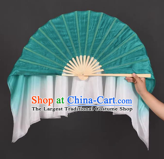 China Handmade Gradient Green to White Silk Fan Classical Dance Ribbon Fan Jiaozhou Yangko Dance Fan