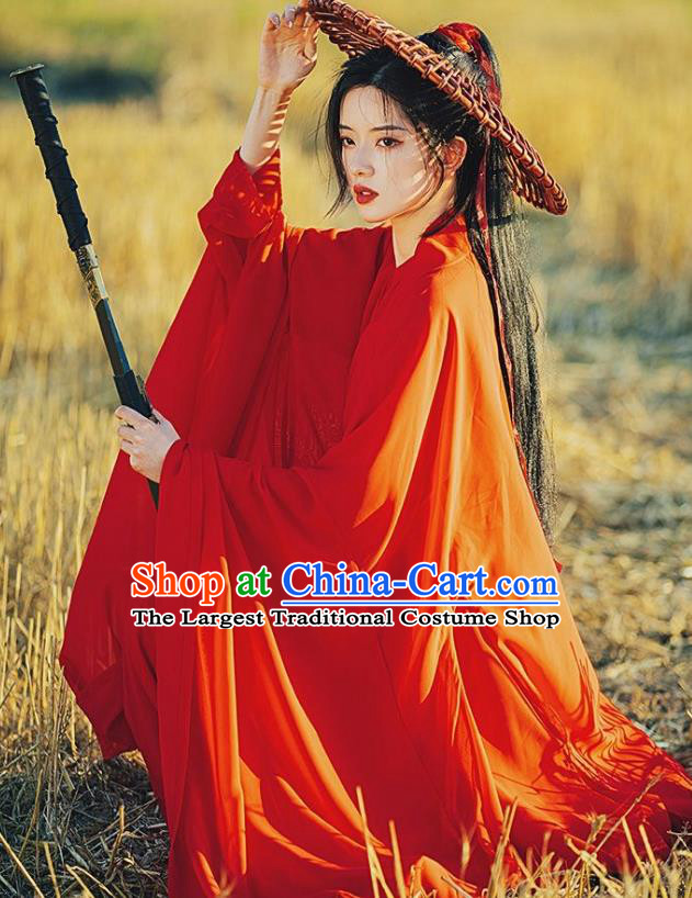 Ancient Swordswoman Costumes Female Red Hanfu Dress China Jin Dynasty Clothing