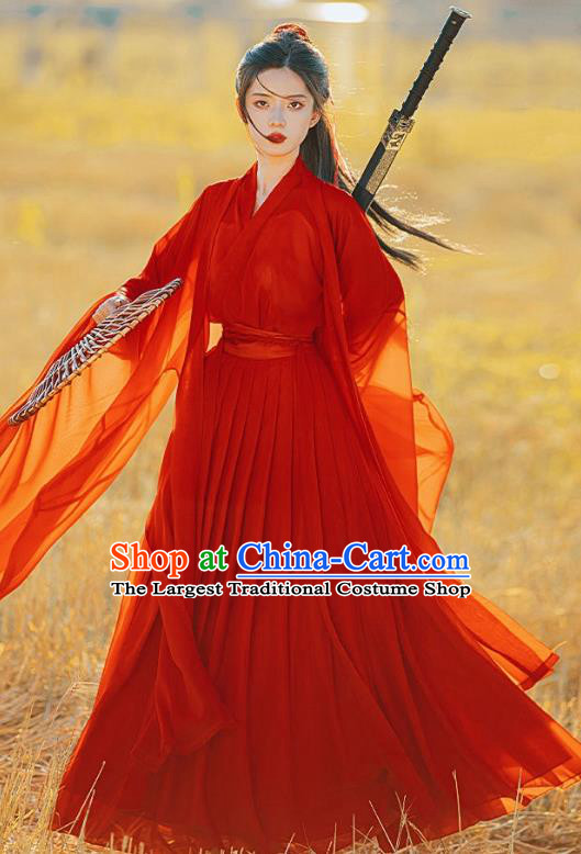 Ancient Swordswoman Costumes Female Red Hanfu Dress China Jin Dynasty Clothing