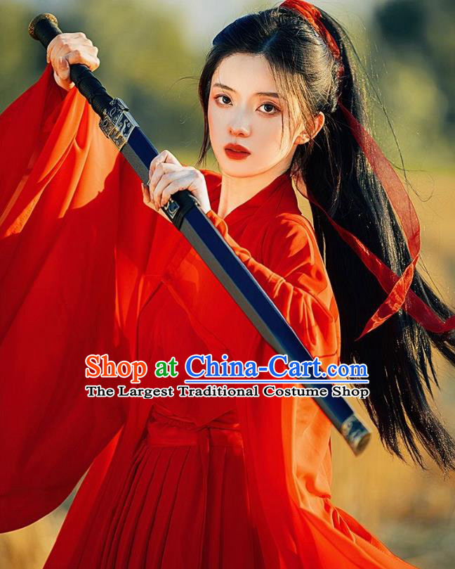 Ancient Swordswoman Costumes Female Red Hanfu Dress China Jin Dynasty Clothing