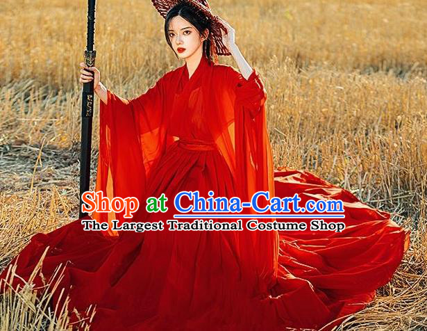 Ancient Swordswoman Costumes Female Red Hanfu Dress China Jin Dynasty Clothing