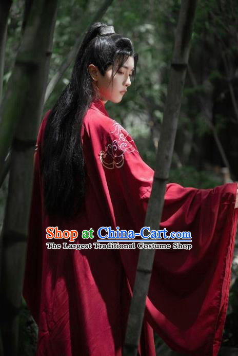 China Jin Dynasty Young Childe Clothing Ancient Swordsman Embroidered Costumes Male Red Hanfu Outfit