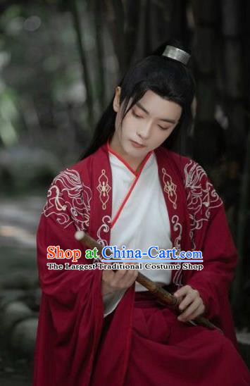 China Jin Dynasty Young Childe Clothing Ancient Swordsman Embroidered Costumes Male Red Hanfu Outfit