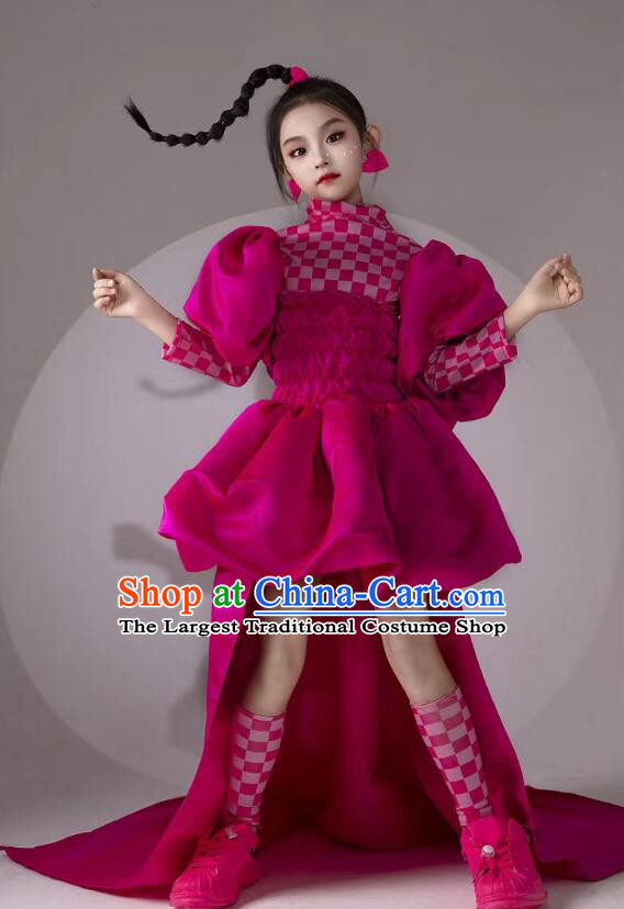 Top Children Catwalks Clothing Professional Model Contest Magenta Lantern Dress Cool Girl Stage Show Costume