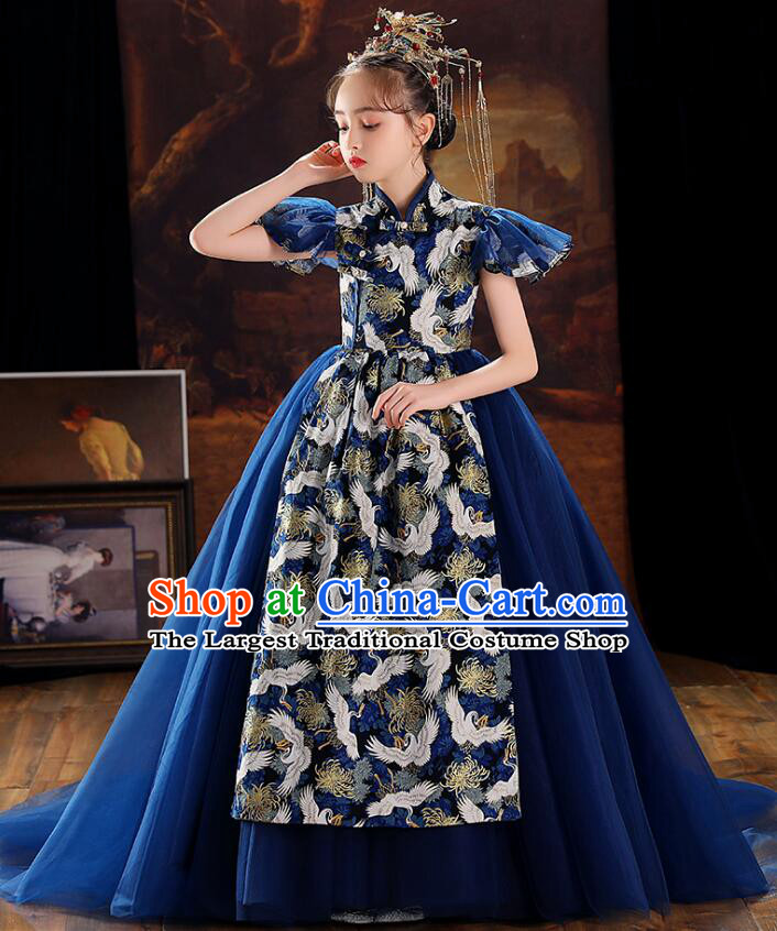 China Stage Show Costume Top Children Catwalks Clothing Professional Model Contest Dark Blue Dress Princess Fashion