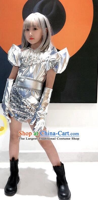 Professional Model Contest Shiny Silver Dress Girl Stage Show Costume Top Children Catwalks Wings Clothing