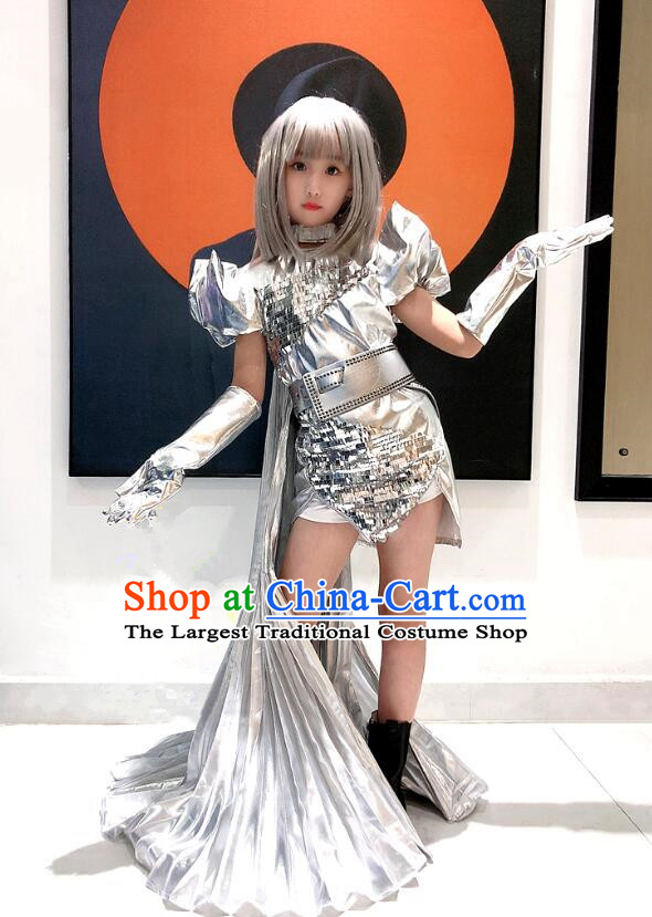 Professional Model Contest Shiny Silver Dress Girl Stage Show Costume Top Children Catwalks Wings Clothing