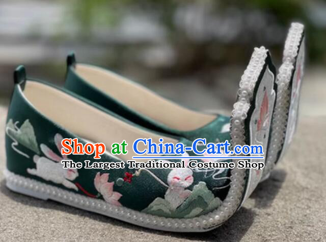 China Handmade Dark Green Shoes Tang Dynasty Princess Shoes Traditional Hanfu Embroidered Shoes