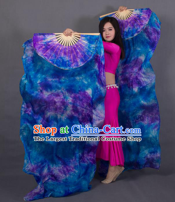 Top Pure Silk Long Ribbon Fan Classical Dance Blue Fan Handmade Tie Dye Belly Dance Fan