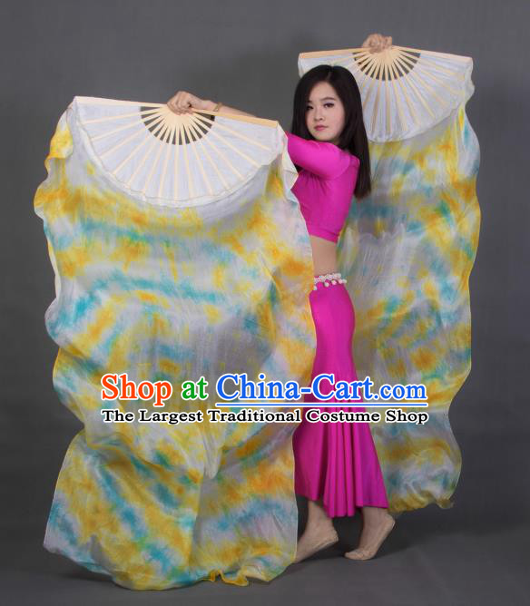 Handmade Classical Dance White Fan Tie Dye Belly Dance Fan Top Pure Silk Long Ribbon Fan