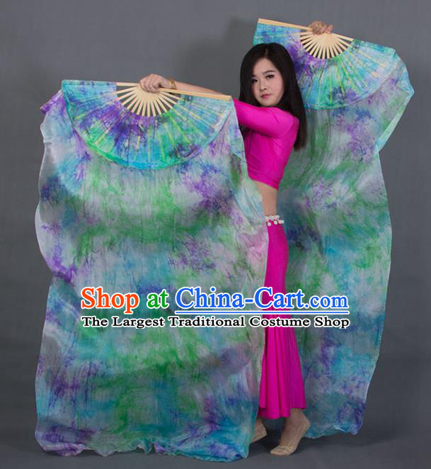 Top Pure Silk Long Ribbon Fan Handmade Classical Dance Fan Tie Dye Belly Dance Fan