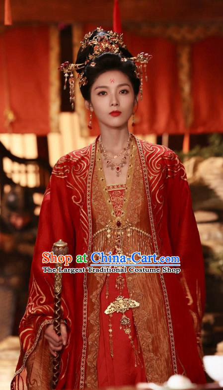 China Traditional Wedding Costumes Romantic Drama New Life Begins Ancient Princess Red Dress Clothing and Headdress Complete Set