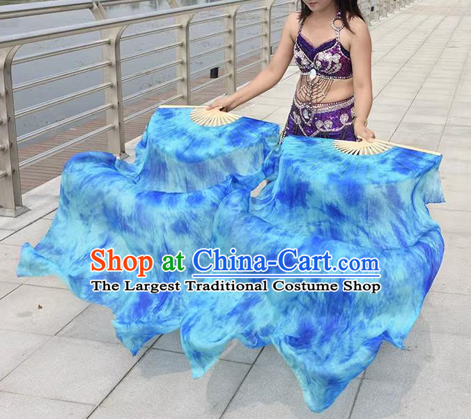Professional Belly Dance Fan Oriental Dance Long Ribbon Fan Handmade Blue Pure Silk Fan