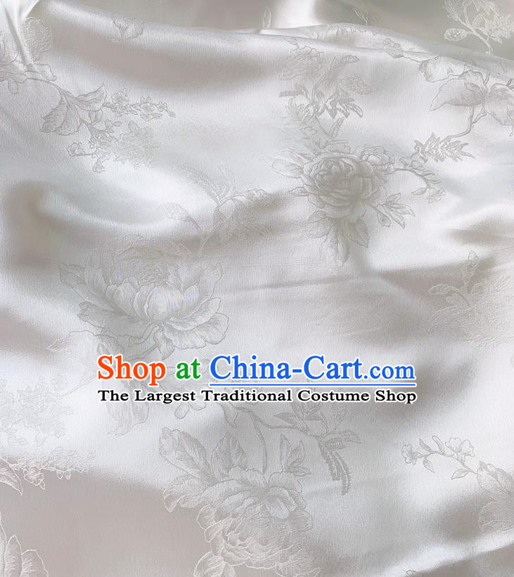 White China Classical Peony Pattern Material Cheongsam Cloth Traditional Design Mulberry Silk Jacquard Satin Fabric