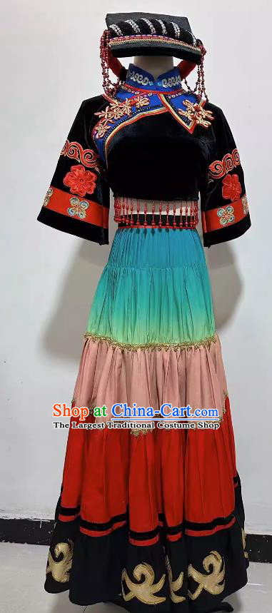 China Yi Nationality Dance Dress Sichuan Ethnic Woman Festival Clothing Professional Stage Performance Costume