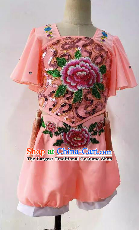 Chinese Children Folk Dance Pink Outfit Yangko Dance Costume Top Stage Performance Clothing