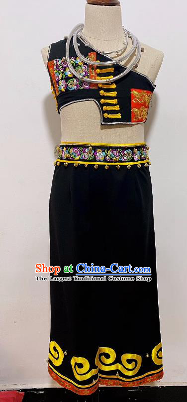 Professional Ethnic Performance Clothing Chinese Yi Nationality Children Black Outfit Folk Dance Costume